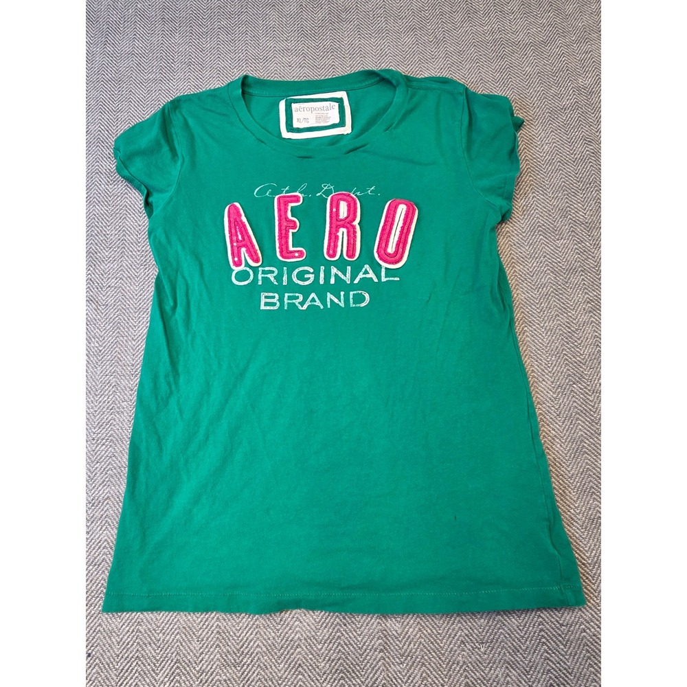 Aeropostale T-Shirt Womens XL Green Graphic Sequin Short Sleeve Crew Neck Tee